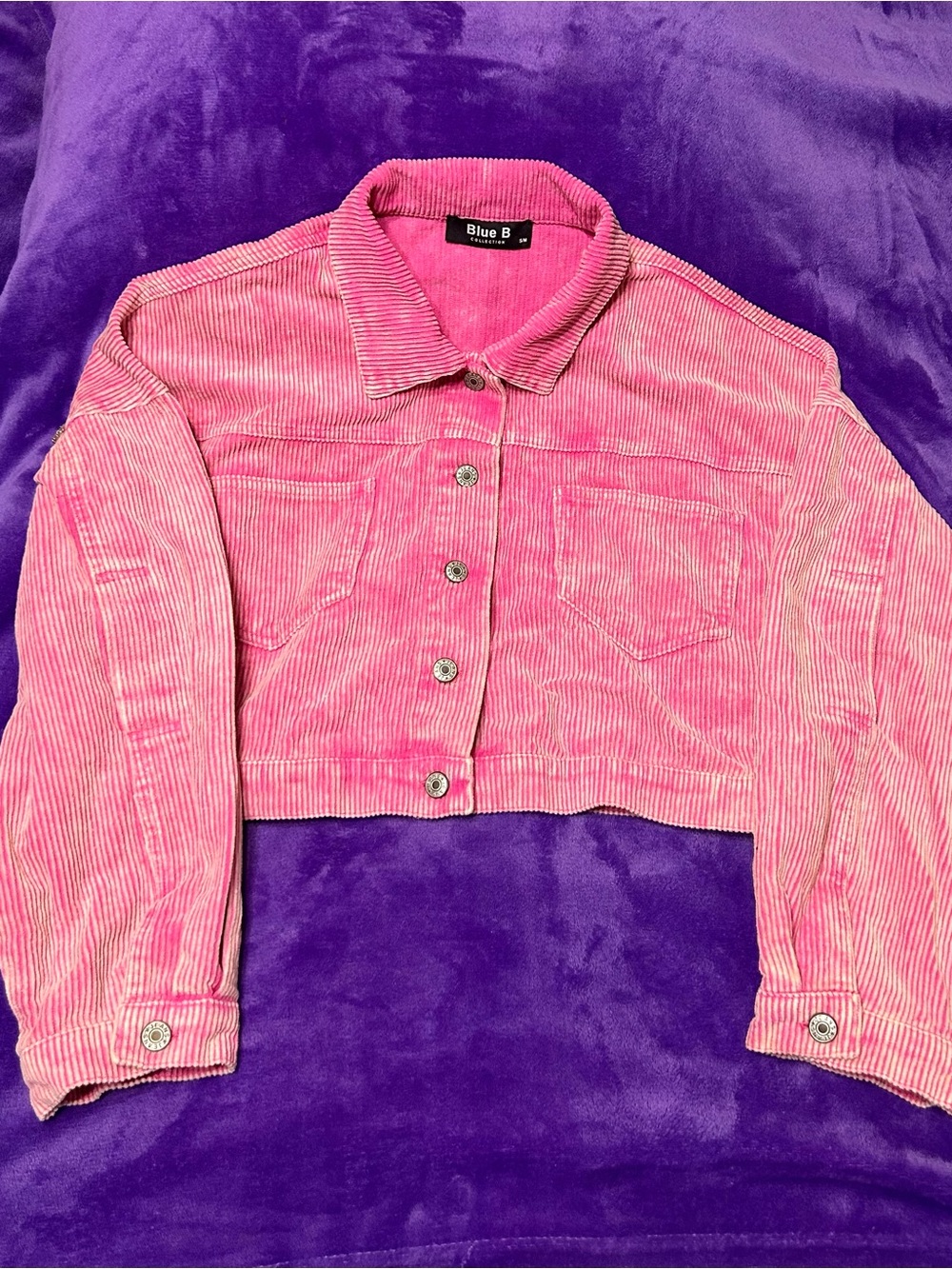 BLING!!! Blue B Cropped Pink RHINESTONE Corduroy Jean Jacket